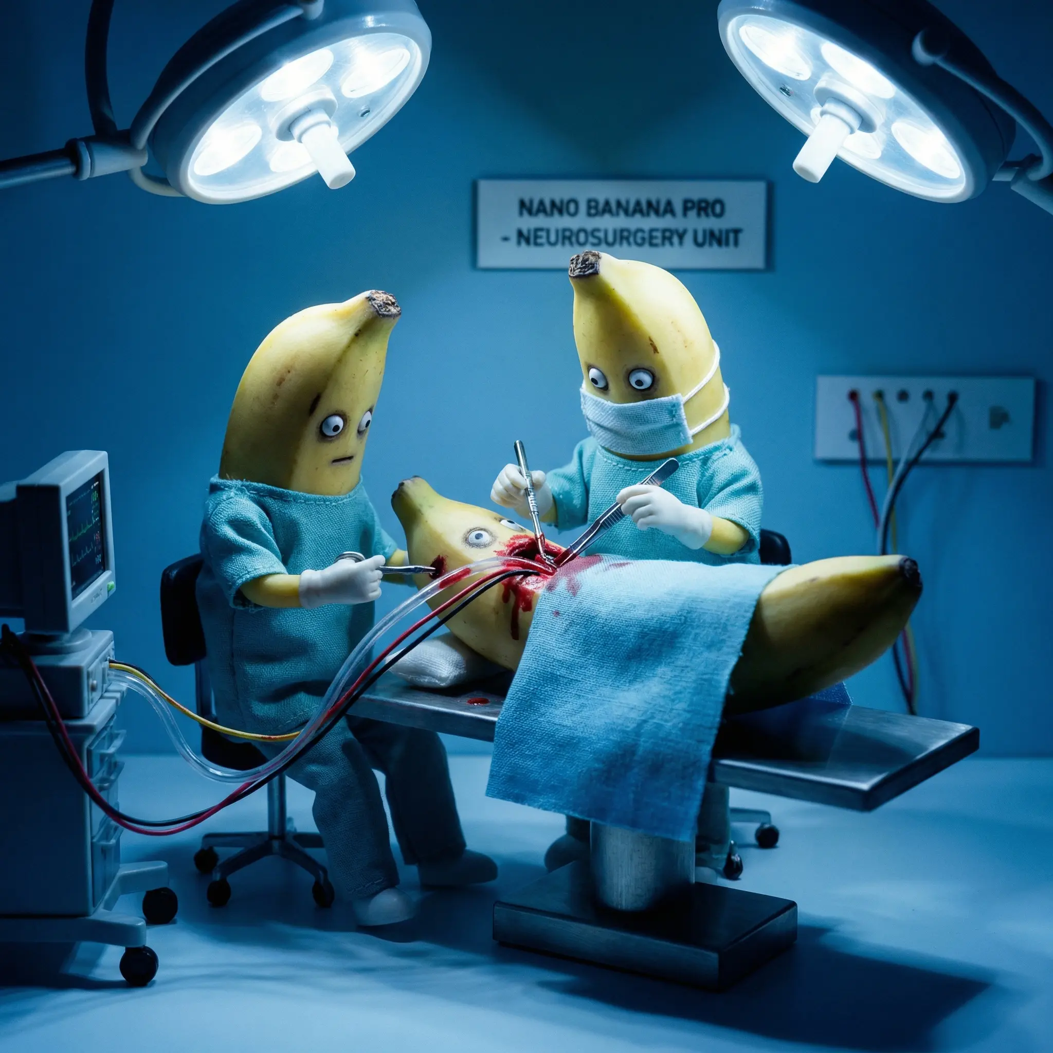 {"subject": {"description": "A Nano Banana Pro performing brain surgery on another Nano Banana Pro.", "features": "Tiny surgical instruments, bloody mess, vacant stares on both 'faces', unsettlingly human-like actions.", "expression": "Lack of emotion, mechanical precision, horrifying normalcy."}, "environment": {"location": "A miniature operating room, meticulously recreated.", "lighting": "Bright, sterile surgical lights, casting harsh shadows.", "atmosphere": "Clinical, unsettlingly small scale, the faint scent of antiseptic."}, "technical": {"camera": "Bellows Camera.", "lens": "Macro lens.", "film_stock": "Color reversal film, with strong blue shift.", "composition": "Straight-on, highly detailed, emphasizing the grotesqueness of the scene."}, "style": {"aesthetic": "Surreal, disturbing, anatomical horror.", "influences": "Medical illustrations, body horror, the uncanny valley."}, "slug": "2026-02-11-break-norm-08-banana-surgery"}
