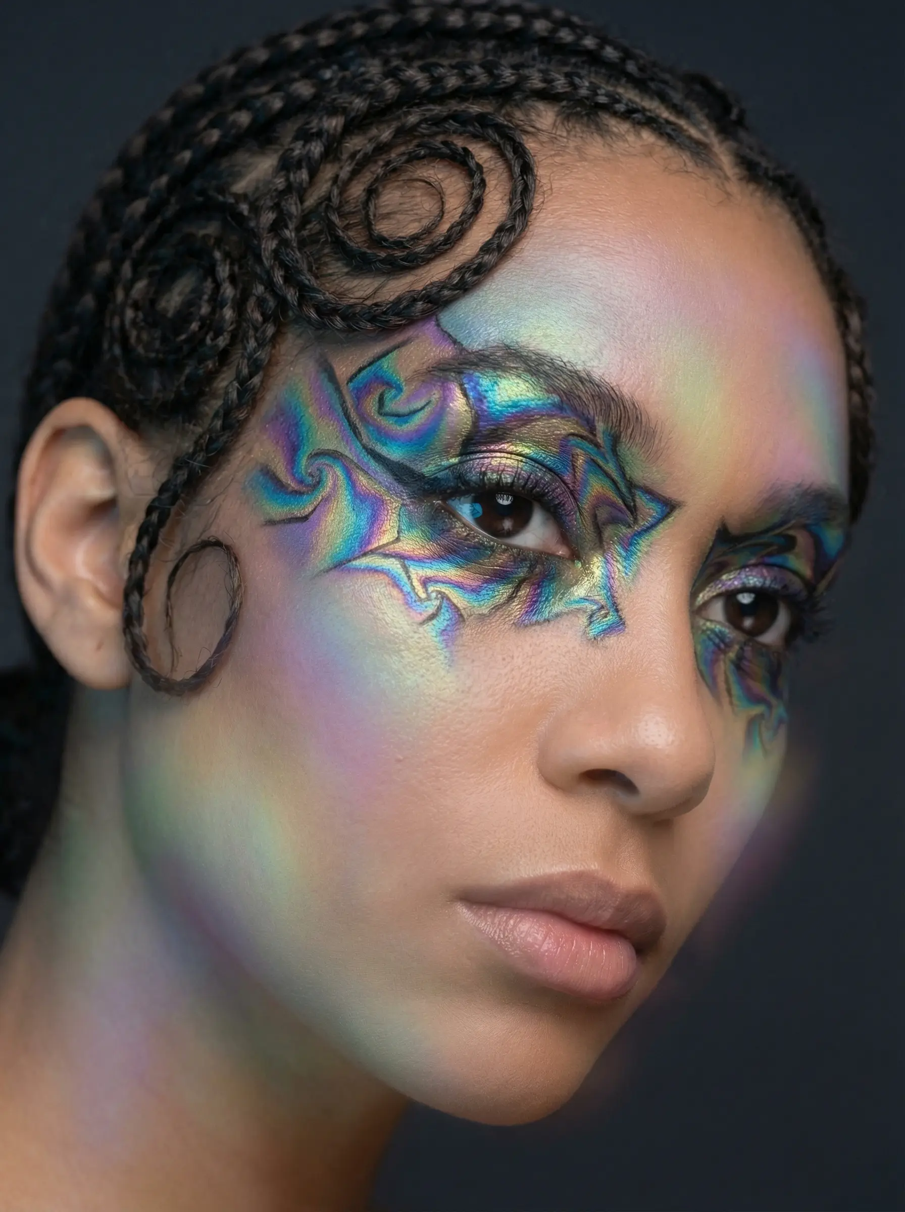 Aspect Ratio 3:4: Close-up portrait of a beautiful woman with intricately patterned fractal makeup around her eyes, reflecting iridescent colors like oil on water. Focus on the details of the makeup, showcasing the complex geometric patterns. Shot with a Sony a7R IV and a macro lens, f/2.8, ISO 100. Lighting: Soft, diffused studio lighting with subtle gradients, mimicking fractal patterns. Background: Dark, solid color to emphasize the subject and the makeup. Her hair is styled in intricate braids that echo the fractal patterns. Overall mood: Ethereal, mesmerizing, and slightly surreal.