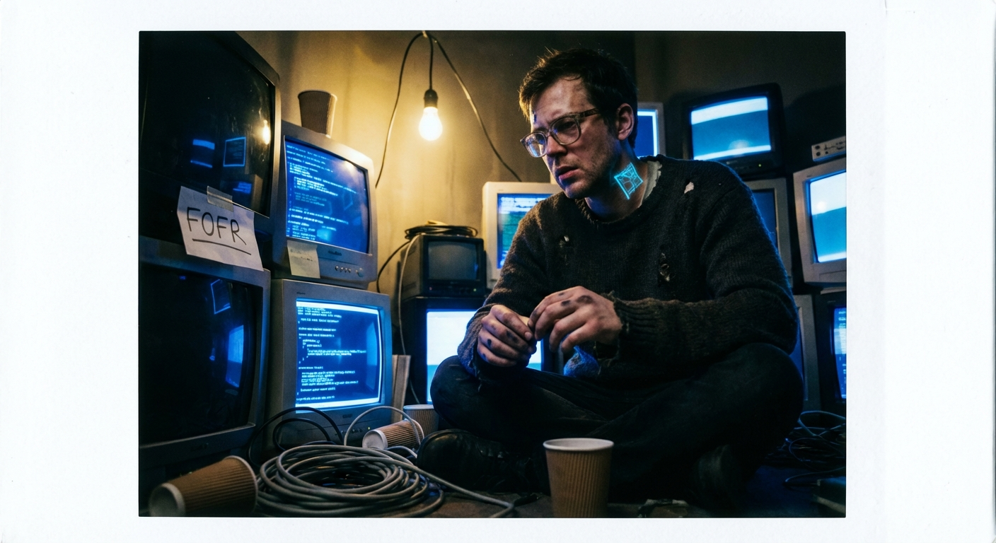 {"subject": {"description": "A man named fofr, wearing a tattered, oversized knit sweater and thick-rimmed glasses, sitting cross-legged.", "features": "Tired eyes, 5 o'clock shadow, ink stains on his fingers, a faint, glowing geometric tattoo on his neck.", "expression": "Deep in thought, a mixture of exhaustion and manic inspiration, staring off into the middle distance."}, "environment": {"location": "A claustrophobic, dimly lit hacker den cluttered with CRT monitors displaying cascading code and empty coffee cups.", "lighting": "The harsh, cold blue glow of multiple screens contrasting with a single, warm incandescent bulb hanging by a wire.", "atmosphere": "Stale air, the hum of overworked cooling fans, the smell of burnt ozone and stale espresso."}, "technical": {"camera": "Polaroid SX-70", "lens": "Standard fixed lens", "film_stock": "Expired, high-contrast instant film with slightly warped colors.", "composition": "Candid, slightly low angle, cluttered foreground, subject slightly off-center."}, "style": {"aesthetic": "Lo-fi cyberpunk, 90s hacker grit, analog warmth.", "influences": "Polaroid art, Tetsuo: The Iron Man, raw documentary style."}}