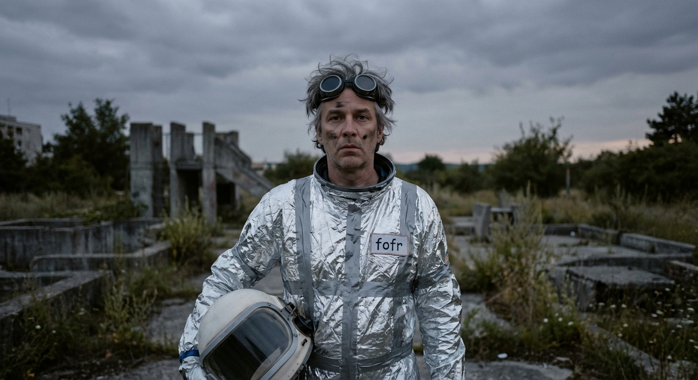 {"subject": {"description": "A man named fofr, dressed in a retro-futuristic, silver foil spacesuit that looks handmade and slightly deflated.", "features": "Reflecting goggles pushed up on his forehead, a faint smudge of grease on his cheek, unkempt hair.", "expression": "A deadpan, absurdist stare directly into the camera, completely unbothered by the bizarre situation."}, "environment": {"location": "A desolate, concrete brutalist playground at dusk, surrounded by overgrown weeds.", "lighting": "Flat, overcast twilight, creating a melancholic, almost shadowless environment.", "atmosphere": "Silent, eerie, a sense of misplaced nostalgia and low-budget sci-fi."}, "technical": {"camera": "Medium format Hasselblad 500C/M", "lens": "80mm planar lens", "film_stock": "Kodak Portra 400, slightly overexposed.", "composition": "Dead center, symmetrical framing, full body shot, stark isolation."}, "style": {"aesthetic": "Soviet brutalism, low-fi sci-fi, absurdist portraiture.", "influences": "Wes Anderson meets Andrei Tarkovsky, dry humor."}}