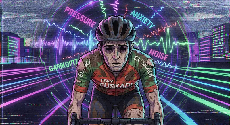 Anime Style: 90s Cel-shaded anime aesthetic. A disillusioned cyclist, Garikoitz Bravo, in the final moments of a race, plagued by spectral shoegaze noise representing the internal pressure and anxieties from his career. Character: A weary, gaunt male cyclist in a torn, mud-smeared jersey with sweat-soaked hair and haunted eyes. Background: An abstract representation of a cycling track, warped and distorted with pulsating neon colors and glitch effects. Technical: Close-up on face, heavy distortion, chromatic aberration, VHS static overlay., Visual noise patterns emanating from his head.
