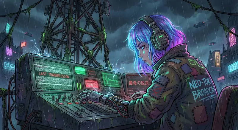 Anime Style: Cyberpunk anime style. A post-apocalyptic radio tower broadcasting a last-ditch signal. Character: A young woman with neon hair, cybernetic enhancements, and headphones operating a worn-out mixing console. Background: A dilapidated radio tower covered in graffiti and overgrown vegetation in a desolate wasteland. Technical: Medium shot focusing on face and hands., Neon lights, rain, static, flickering energy.