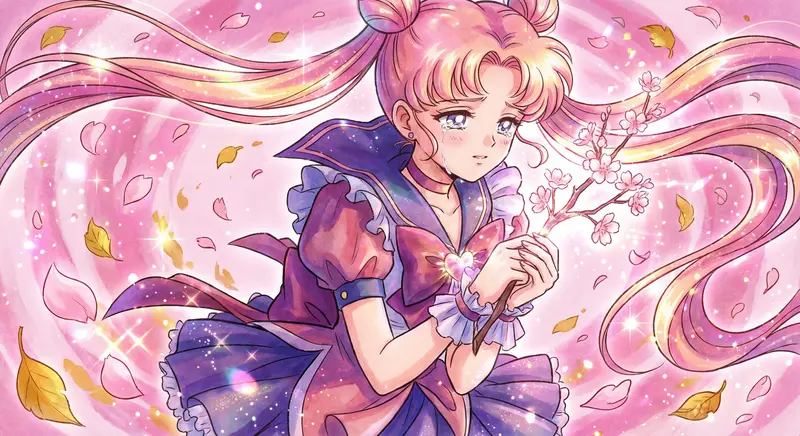 Anime Style: Classic 90s Magical Girl Anime (Sailor Moon style). Magical girl transformation into the embodiment of bittersweet farewell. Character: A radiant figure with flowing ribbons and a sad, wistful expression wielding a cherry blossom branch. Background: A swirling vortex of cherry blossoms and falling leaves. Technical: Dynamic pose, close-up., Glitter, sparkles, lens flares, soft melancholic palette.