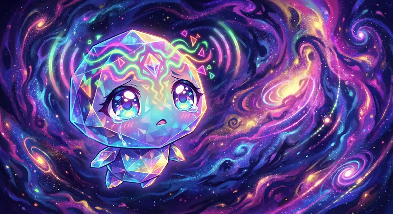 Anime Style: Modern Anime with psychedelic elements. A sentient gemstone creature tuning into stellar emotions. Character: A small, floating gem creature with large expressive eyes, body composed of shimmering facets. Background: A vast, swirling nebula of vibrant colors and cosmic dust pulsing with energy. Technical: Close-up on the gem face., Abstract patterns, shapes forming and dissolving, visual radio waves.