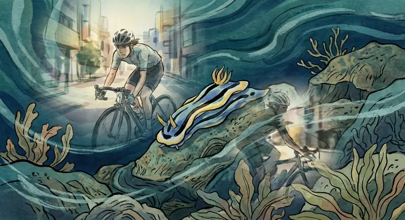 Anime Style: Experimental Anime - Blend of Ukiyo-e and Modern. A sea slug navigating the ocean floor with flashbacks of a past life as a cyclist. Character: A Phyllidiopsis shireenae sea slug with markings reminiscent of cycling jersey stripes. Background: Deep ocean floor depicted with scientific accuracy mixed with traditional Japanese woodblock style. Technical: Tracking shot., Watercolor blending, subtle distortion overlays of cycling imagery.