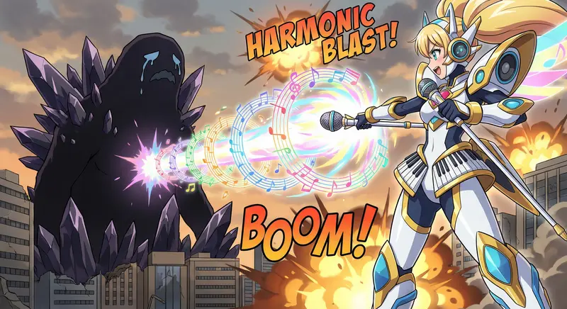 Anime Style: Mecha Anime inspired Magical Girl. Idol singers battling grief-kaiju with music superpowers. Character: A pop idol in a powered suit themed around musical instruments, emitting harmonic blasts. Background: A cityscape in ruins being attacked by a gigantic, grotesque monster representing sadness. Technical: Epic dynamic battle shot., Explosions, energy beams, visual sound effects.