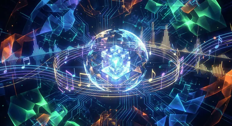 Anime Style: Abstract futuristic anime. Sentient AI composing a symphony of shared grief. Character: No human. Visual representations of data streams and sound waves. Background: Inside an AI core, a complex network of glowing circuits and abstract geometry. Technical: Close-up of processing units., Fractal patterns, pulsating lights, shifting colors.