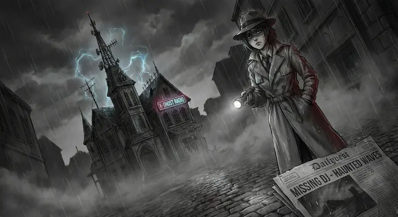 Anime Style: Noir Anime. Noir detective investigating a haunted radio station. Character: A hard-boiled female detective in a trench coat and fedora, weary expression. Background: A dark, rain-soaked city with dimly lit streets. A looming radio station in the back. Technical: Low-angle, dutch angle., Heavy rain, fog, shadows, monochrome with splashes of color.