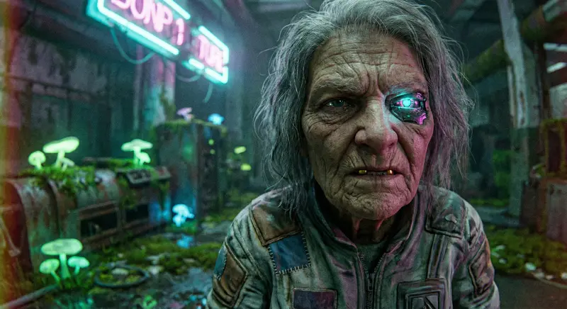 {"subject": {"description": "A weathered, elderly woman with deep wrinkles and a single gold tooth, wearing a patched-up futuristic jumpsuit.", "features": "Visible veins, sunspots, cybernetic eye implant malfunctioning, unkempt grey hair.", "expression": "Skeptical, hardened glare, slight hint of amusement around the eyes."}, "environment": {"location": "Abandoned factory floor in Valle Mosso, Italy, overgrown with bioluminescent moss.", "lighting": "Harsh, flickering neon sign casting cyan and magenta shadows, mixed with the soft glow of the bioluminescence.", "atmosphere": "Damp, decaying, post-industrial wasteland, thick with the smell of mildew and ozone."}, "technical": {"camera": "Modified medium format camera with a cracked lens.", "lens": "Distorted fisheye lens.", "film_stock": "Expired Ektachrome slide film, cross-processed.", "composition": "Extreme close-up, off-center, focusing on the cybernetic eye, motion blur."}, "style": {"aesthetic": "Dystopian, cyberpunk realism, neo-gritty.", "influences": "Blade Runner, Italian Neo-realism, decayed utopia."}, "slug": "2026-02-11-break-norm-01-valle-mosso-cyberpunk"}