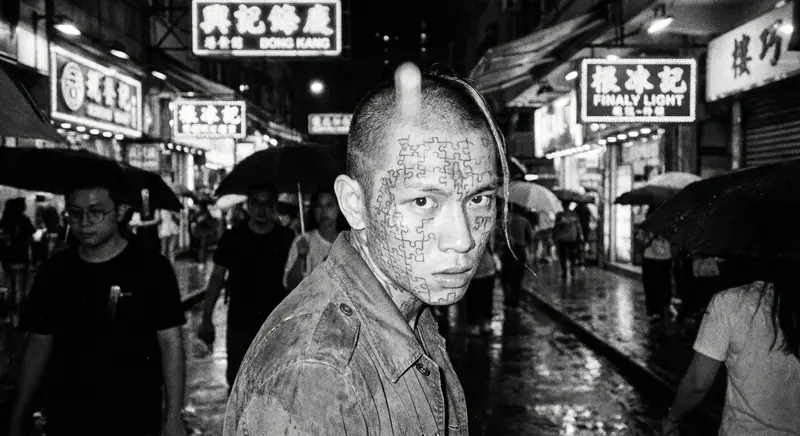 {"subject": {"description": "A young man with intricate face tattoos inspired by cross-figure puzzles.", "features": "Mismatched eyes, prominent scars, shaved head with a single, brightly colored strand of hair.", "expression": "Intense, unsettling stare, slight furrow in the brow, a feeling of unease."}, "environment": {"location": "A crowded, claustrophobic Hong Kong back alley during a downpour.", "lighting": "Single, harsh flash illuminating the subject's face, casting deep shadows, neon signs reflecting in puddles.", "atmosphere": "Oppressive humidity, heavy rain, the smell of street food and sewage."}, "technical": {"camera": "Disposable camera with a built-in flash.", "lens": "Fixed wide-angle lens.", "film_stock": "Cheap, grainy black and white film, pushed several stops.", "composition": "Straight-on, confrontational portrait, slightly blurry, harsh flash."}, "style": {"aesthetic": "Gritty realism, urban decay, Asian cinema influence.", "influences": "Wong Kar-wai, Daido Moriyama, social documentary photography."}, "slug": "2026-02-11-break-norm-02-alley-flash"}