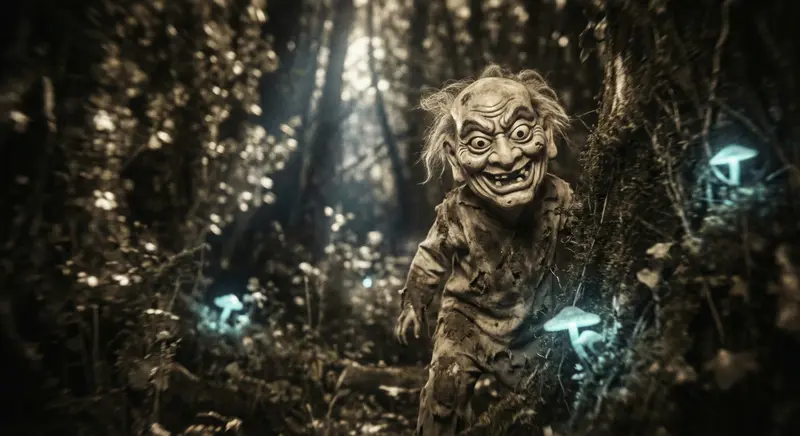 {"subject": {"description": "A child wearing a grotesque, oversized mask resembling Wu Ma, the Taoist ghosthunter.", "features": "Visible dirt on skin, torn clothing, vacant expression behind the mask.", "expression": "Blank, almost unsettling lack of emotion, peering out from the mask."}, "environment": {"location": "A dark, overgrown forest at twilight.", "lighting": "Moonlight filtering through the trees, casting eerie shadows, faint bioluminescent fungi.", "atmosphere": "Spooky, ethereal, damp forest floor, the rustling of leaves."}, "technical": {"camera": "Pin hole camera, long exposure.", "lens": "None.", "film_stock": "Hand-coated emulsion on glass plate, solarized.", "composition": "Off-center, slightly obscured by foliage, dreamlike blur."}, "style": {"aesthetic": "Surreal, unsettling, folk horror.", "influences": "Hans Bellmer, Victorian spirit photography, early surrealism."}, "slug": "2026-02-11-break-norm-03-wu-ma-mask"}