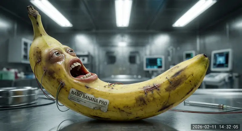 {"subject": {"description": "A genetically modified banana (Nano Banana Pro) with human-like eyes and mouth, singing operatically.", "features": "Bruised skin, overly ripe spots, unsettlingly expressive facial features, visible genetic modifications.", "expression": "Dramatic, exaggerated facial expressions of operatic performance, straining."}, "environment": {"location": "A sterile, brightly lit laboratory.", "lighting": "Overhead fluorescent lights, creating harsh shadows.", "atmosphere": "Clinical, antiseptic, cold, the hum of machinery."}, "technical": {"camera": "Scientific high-speed camera.", "lens": "Macro lens.", "film_stock": "Digital, high resolution.", "composition": "Extreme close-up of the banana's 'face', capturing every detail."}, "style": {"aesthetic": "Grotesque, absurd, scientific surrealism.", "influences": "David Cronenberg, Jan Svankmajer, genetic engineering gone wrong."}, "slug": "2026-02-11-break-norm-04-banana-opera"}