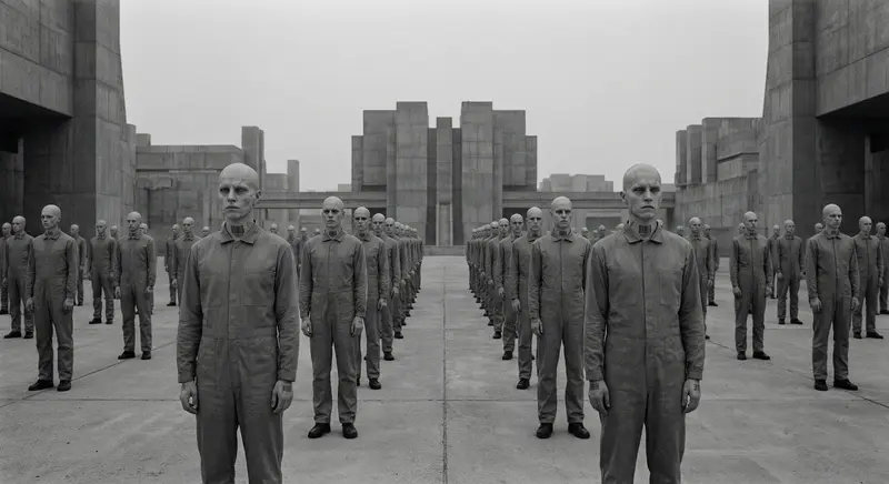 {"subject": {"description": "A group of androgynous figures with shaved heads and barcode tattoos, dressed in identical grey jumpsuits.", "features": "Expressionless faces, pale skin, visible scars, hollow eyes.", "expression": "Completely devoid of emotion, vacant stares."}, "environment": {"location": "A vast, empty concrete plaza in a utopian city.", "lighting": "Overcast sky, creating flat, diffused lighting.", "atmosphere": "Silent, sterile, unsettling sense of emptiness, oppressive uniformity."}, "technical": {"camera": "Large format camera with a slow shutter speed.", "lens": "Rectilinear lens.", "film_stock": "Orthochromatic film, heavily underexposed.", "composition": "Wide shot, symmetrical composition, emphasizing the uniformity and emptiness."}, "style": {"aesthetic": "Dystopian, minimalist, brutalist.", "influences": "Soviet architecture, totalitarian regimes, social control."}, "slug": "2026-02-11-break-norm-05-concrete-dystopia"}