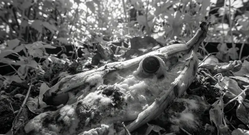 {"subject": {"description": "A Nano Banana Pro decaying rapidly, covered in mold and insects.", "features": "Liquefying flesh, swarming flies, visible rot and decomposition, a single remaining 'eye' staring upwards.", "expression": "Horrifying, pleading, silent scream."}, "environment": {"location": "A compost heap in a lush, overgrown garden.", "lighting": "Natural sunlight, partially obscured by foliage, dappled shadows.", "atmosphere": "Overpowering smell of decay, buzzing of insects, humid air."}, "technical": {"camera": "Infrared camera.", "lens": "Standard lens.", "film_stock": "Digital, converted to black and white.", "composition": "Close-up, focusing on the texture of the decaying banana, playing with depth of field."}, "style": {"aesthetic": "Grotesque, naturalistic, memento mori.", "influences": "Vanitas paintings, botanical illustration, morbid curiosity."}, "slug": "2026-02-11-break-norm-06-decaying-banana"}
