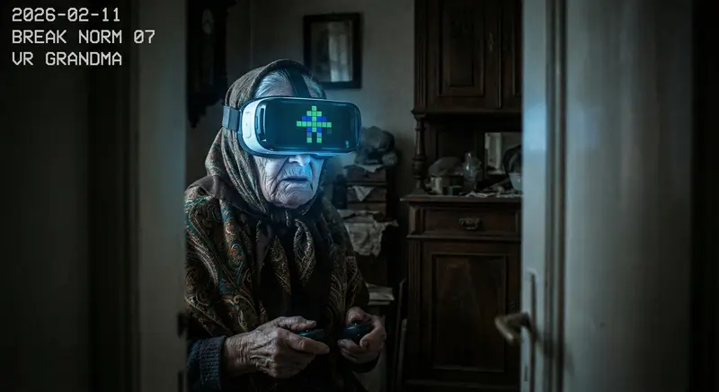 {"subject": {"description": "An old woman in traditional clothing, wearing VR goggles showing a cross-figure puzzle.", "features": "Deep wrinkles, calloused hands, aged eyes illuminated by the VR display, a look of intense concentration.", "expression": "Focused, determined, immersed in the virtual world."}, "environment": {"location": "A dimly lit, cluttered room with antique furniture.", "lighting": "The glow of the VR goggles illuminating her face, casting shadows on the surrounding objects.", "atmosphere": "Dusty, nostalgic, a sense of quiet contemplation."}, "technical": {"camera": "Security camera.", "lens": "Zoom lens at maximum zoom.", "film_stock": "Digital.", "composition": "Framed through a doorway, voyeuristic perspective, grainy, low resolution."}, "style": {"aesthetic": "Cyberpunk meets tradition, clash of eras, nostalgic future.", "influences": "Ghost in the Shell, rural futurism, the encroachment of technology."}, "slug": "2026-02-11-break-norm-07-vr-grandma"}