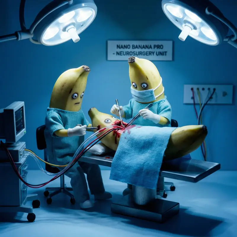{"subject": {"description": "A Nano Banana Pro performing brain surgery on another Nano Banana Pro.", "features": "Tiny surgical instruments, bloody mess, vacant stares on both 'faces', unsettlingly human-like actions.", "expression": "Lack of emotion, mechanical precision, horrifying normalcy."}, "environment": {"location": "A miniature operating room, meticulously recreated.", "lighting": "Bright, sterile surgical lights, casting harsh shadows.", "atmosphere": "Clinical, unsettlingly small scale, the faint scent of antiseptic."}, "technical": {"camera": "Bellows Camera.", "lens": "Macro lens.", "film_stock": "Color reversal film, with strong blue shift.", "composition": "Straight-on, highly detailed, emphasizing the grotesqueness of the scene."}, "style": {"aesthetic": "Surreal, disturbing, anatomical horror.", "influences": "Medical illustrations, body horror, the uncanny valley."}, "slug": "2026-02-11-break-norm-08-banana-surgery"}