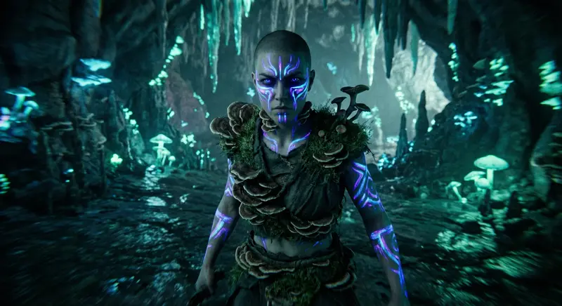 {"subject": {"description": "A young person with bioluminescent tattoos and a shaved head, wearing clothes made of fungi.", "features": "Glowing tattoos, intense eyes, tribal markings, fungal growths on their skin.", "expression": "Powerful, defiant, a connection to nature."}, "environment": {"location": "A bioluminescent cave deep underground.", "lighting": "The soft, ethereal glow of bioluminescent fungi and tattoos.", "atmosphere": "Damp, earthy, mystical, a sense of ancient power."}, "technical": {"camera": "Handheld camera, shaky footage.", "lens": "Wide angle.", "film_stock": "Infrared film, fake colorized.", "composition": "Low angle, looking up at the subject, creating a sense of dominance, motion blur."}, "style": {"aesthetic": "Tribal futurism, bioluminescentpunk, eco-horror.", "influences": "Indigenous cultures, Avatar (concept), ecological collapse."}, "slug": "2026-02-11-break-norm-09-biolum-punk"}