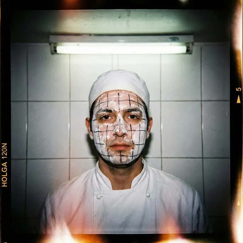 A square portrait shot on a Holga 120N: a baker covered in white flour against a white-tiled kitchen wall, lit by a single bare fluorescent bulb. A grid pattern is meticulously drawn over the baker's face with a black ballpoint pen. High contrast, lo-fi plastic lens aesthetic.