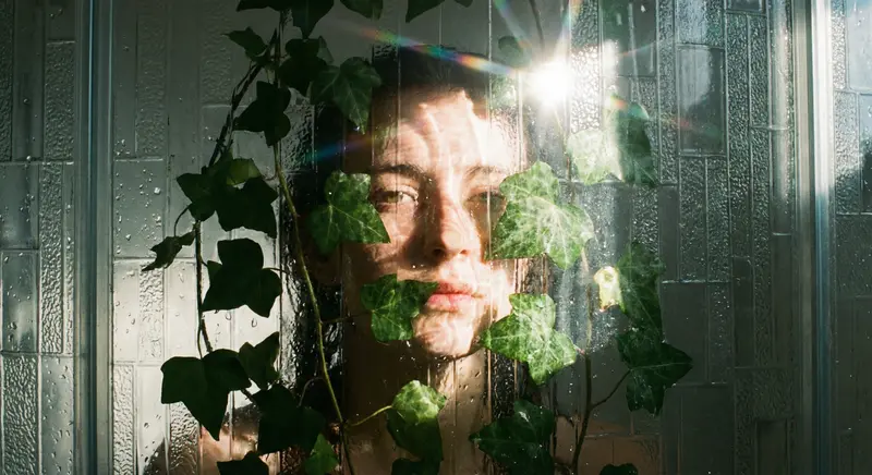 A medium format portrait shot through a pane of heavily textured, patterned shower glass. A person is partially obscured by thick ivy leaves pressing against the glass from the other side. Lit by a single, sharp, blinding beam of sunlight.