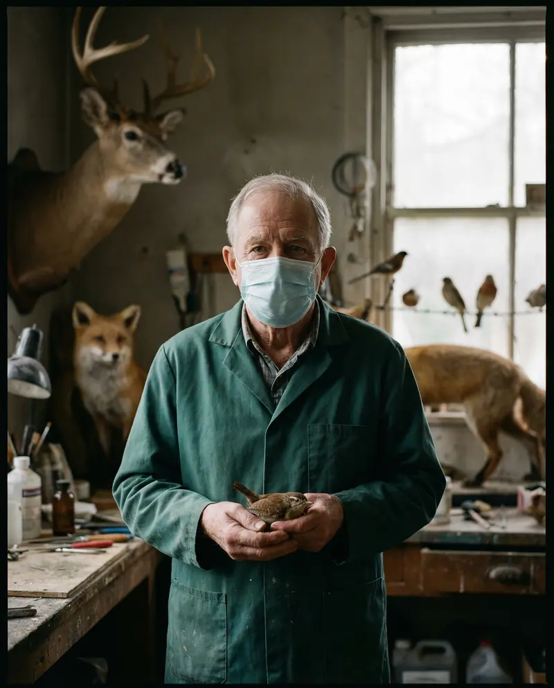 A large format 4x5 film portrait of a taxidermist wearing a surgical mask, holding a small dead songbird. Background is a cluttered workshop with half-finished animal mounts. Soft, grim light from a single dirty window.