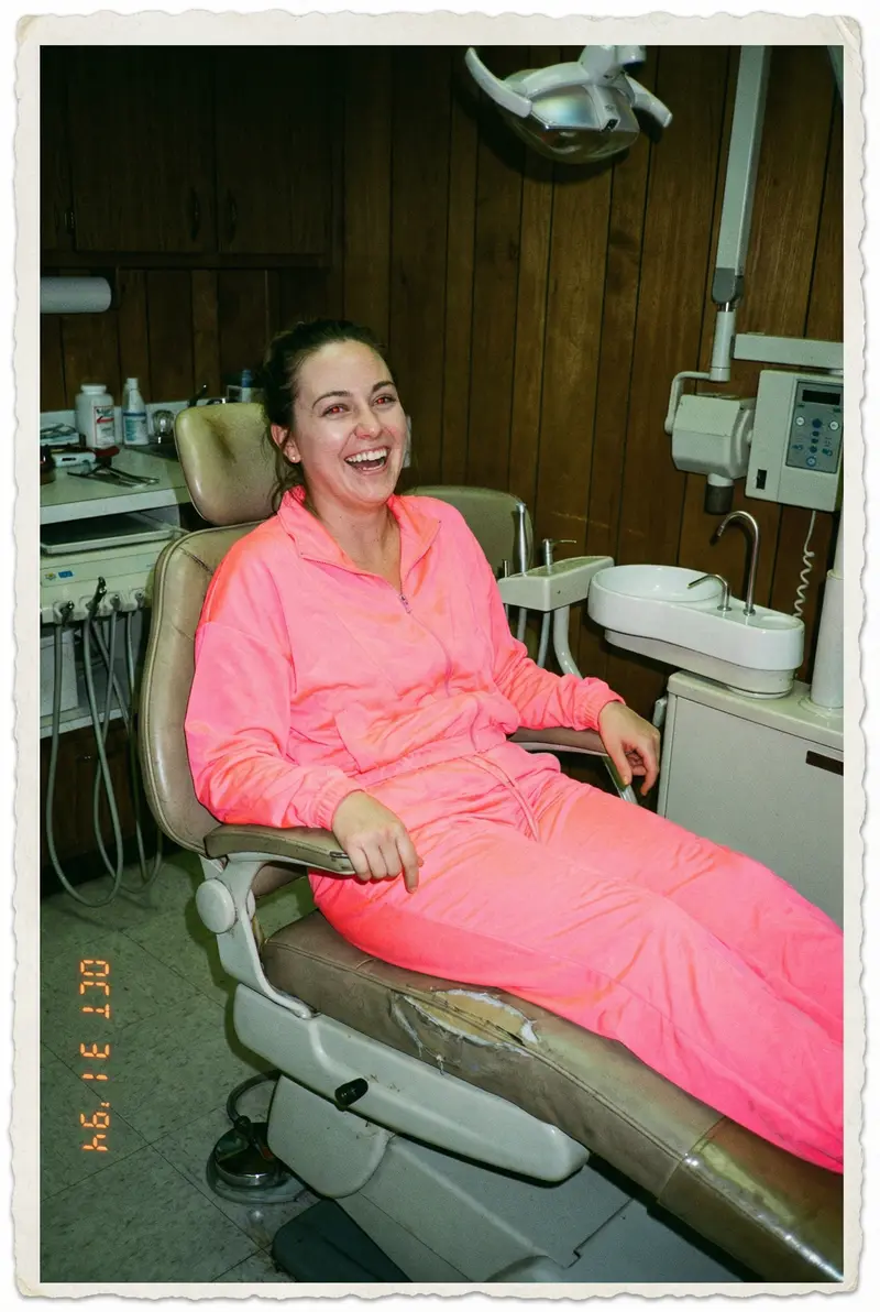 A vertical portrait shot with a cheap disposable camera flash. A woman in a bright neon pink tracksuit sits in a vintage dentist chair. Flat, harsh flash lighting, red-eye effect, plastic lens look.