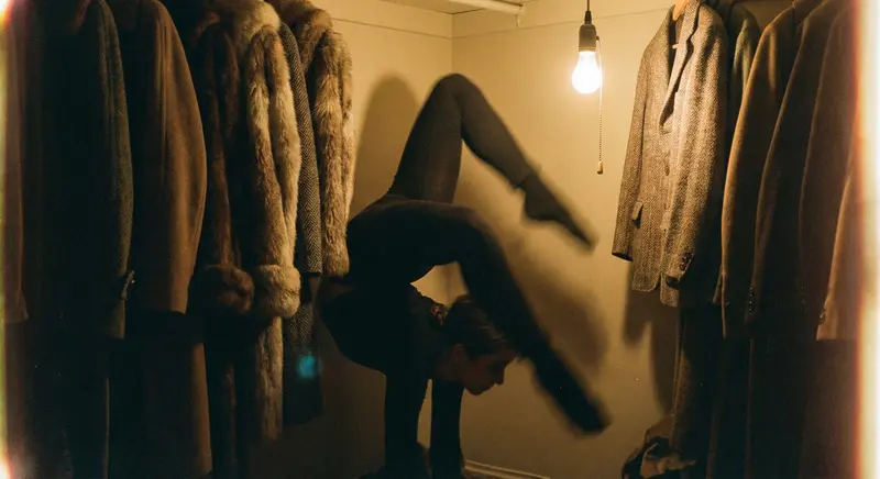 Portrait of a contortionist twisted into an impossible shape inside a cramped closet overflowing with vintage coats. Lit by a single dim, warm incandescent bulb. Motion blur, shot on Nikon F3, grainy film.