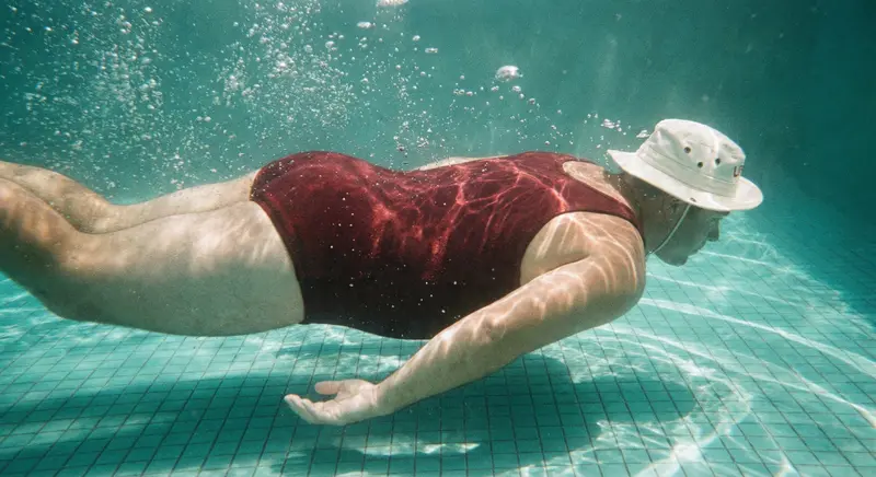 A portrait of a lifeguard in a 1950s wool bathing suit, hovering near the turquoise bottom of a public pool. Rippled light distortions, bubbles, shot with a Nikonos underwater camera, natural pool light.
