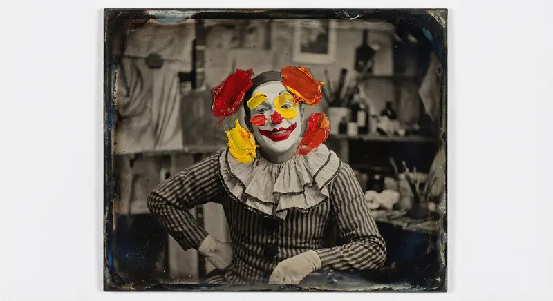 A Victorian-era wet plate collodion portrait of a mime. Physical dabs of vibrant red and yellow oil paint have been applied directly to the developed glass plate's surface over the mime's face. Scratched, chemical edges.