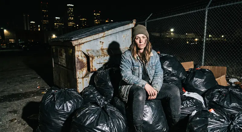 A portrait of a woman sitting atop a mountain of black trash bags next to a rusted dumpster at night. Shot with the harsh, direct on-camera flash of a Canon AE-1. High contrast shadows, gritty urban textures.
