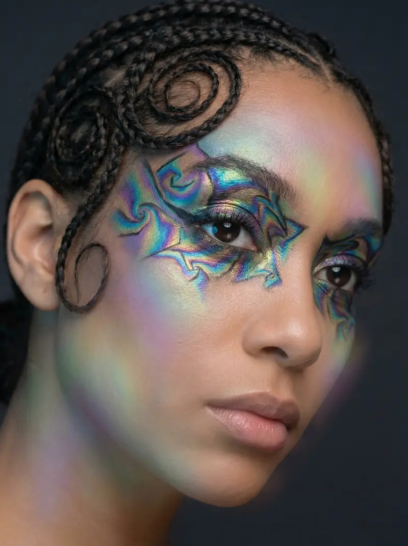 Aspect Ratio 3:4: Close-up portrait of a beautiful woman with intricately patterned fractal makeup around her eyes, reflecting iridescent colors like oil on water. Focus on the details of the makeup, showcasing the complex geometric patterns. Shot with a Sony a7R IV and a macro lens, f/2.8, ISO 100. Lighting: Soft, diffused studio lighting with subtle gradients, mimicking fractal patterns. Background: Dark, solid color to emphasize the subject and the makeup. Her hair is styled in intricate braids that echo the fractal patterns. Overall mood: Ethereal, mesmerizing, and slightly surreal.