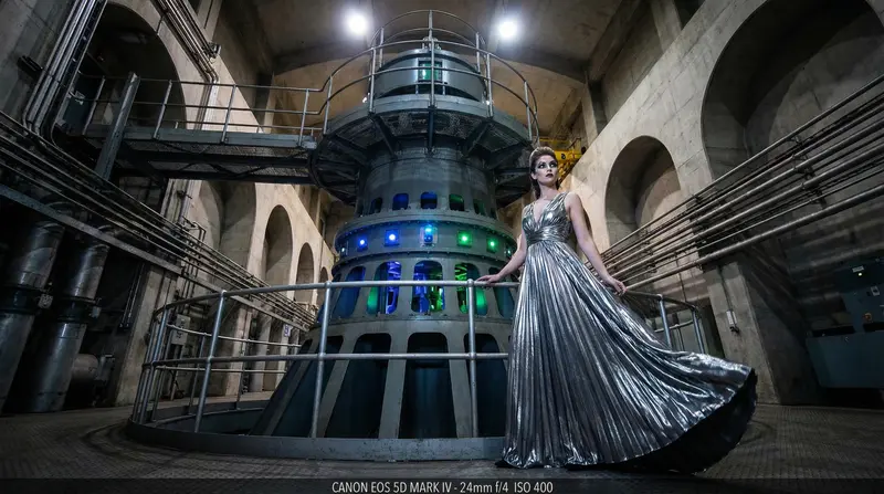 Aspect Ratio 16:9: Portrait of a strikingly beautiful woman standing inside the Coleridge Power Station, near a massive turbine. She wears a flowing, metallic silver gown that catches the light. Dramatic, low-angle shot to emphasize the scale of the turbines and her powerful presence. Shot with a Canon EOS 5D Mark IV and a 24-70mm lens, f/4, ISO 400. Lighting: Combination of the ambient light from the turbines (glowing blue and green) and strategically placed strobe lights to highlight her face and gown. Background: The immense turbine and the industrial architecture of the power station. Overall mood: Strong, industrial, yet elegant and serene, with a hint of mystery.
