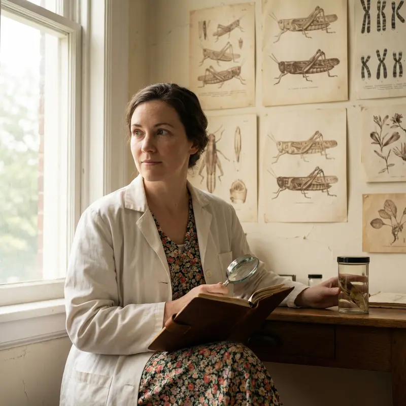 Aspect Ratio 1:1: Portrait of a beautiful woman reimagined as Eleanor Carothers, surrounded by stylized botanical illustrations of grasshoppers and chromosomes. She wears a vintage lab coat over a delicate floral dress. Shot with a Hasselblad X1D II 50C and an 80mm lens, f/2.8, ISO 200. Lighting: Natural light streaming through a window, creating soft shadows and highlights. Background: A vintage-inspired botanical illustration backdrop with subtle scientific elements. Overall mood: Intelligent, inquisitive, and subtly feminine, celebrating scientific curiosity and beauty.