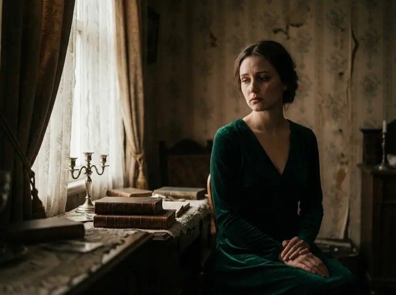 Aspect Ratio 4:3: Portrait of a beautiful, melancholic woman in a dimly lit, opulent room inspired by the atmosphere of 'Hemlock and After'. She's wearing a velvet dress in deep jewel tones (emerald, sapphire, ruby). The lighting is dramatic and moody, with shadows playing across her face. Shot with a Nikon D850 and a 50mm lens, f/1.8, ISO 800. Lighting: Single source window light with heavy curtains, casting dramatic shadows and creating a sense of intimacy. Background: Richly decorated interior with antique furniture, books, and faded wallpaper. Overall mood: Nostalgic, introspective, and subtly tragic, hinting at hidden emotions.