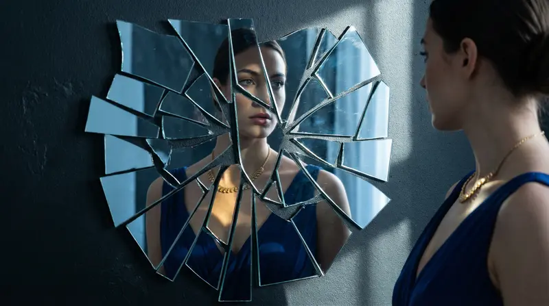 Aspect Ratio 16:9: Portrait of a beautiful woman looking at her reflection in a shattered mirror, each shard reflecting a different aspect of her face. The mirror is artfully arranged to create a fragmented, almost abstract image. She is wearing elegant evening attire. Shot with a Fujifilm GFX 100S and a 32-64mm lens, f/5.6, ISO 200. Lighting: Hard directional light to emphasize the sharp edges of the mirror shards and create strong shadows. Color palette: Primarily cool tones (blues, silvers) with a pop of warm color (red or gold) in her attire or makeup. Background: Dark, neutral background to avoid distractions. Overall mood: Introspective, fragmented, and slightly unsettling, exploring themes of identity and perception.