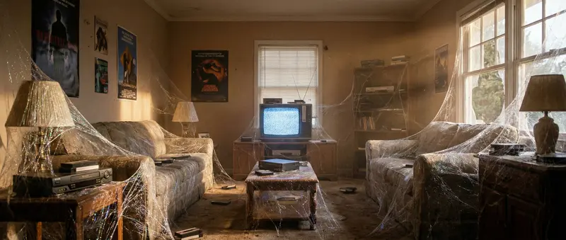 A cinematic wide angle, photorealistic shot capturing the nostalgic warmth of a late 90s indie film: An abandoned suburban living room, circa 1998, entirely re-upholstered in shimmering, imperfectly woven silicon thread. A flickering CRT television highlights dust motes in the air.