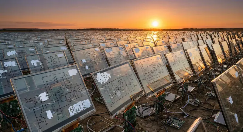 A sprawling wheat field replaced entirely by geometrically perfect, crystalline liquid crystal displays tilted towards the sun. Black pen circuit diagrams are scribbled on the surfaces; white typex covers patches of cells in pixelated patterns.