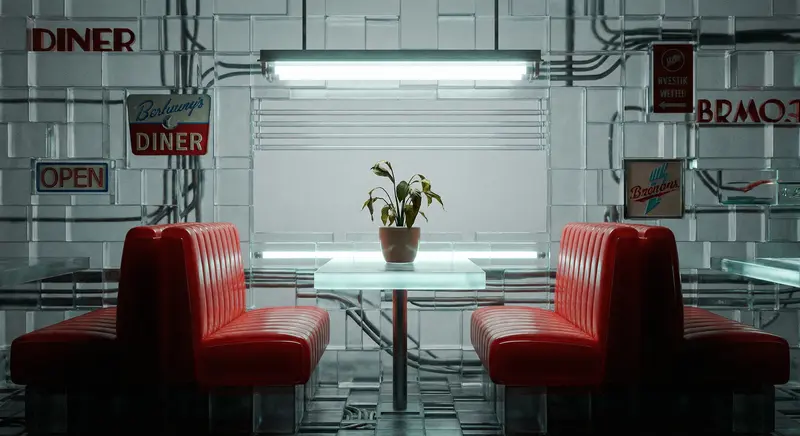 A 90s vintage diner deconstructed and rebuilt using polished silicon bricks. Red vinyl booths are now rigid silicon seating. A single wilting plant sits on the counter under the harsh glare of a fluorescent silicon fixture.