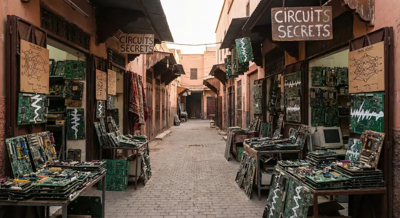 A crowded marketplace in Marrakech, devoid of people. Stalls overflow with neatly stacked obsolete circuit boards arranged like colorful textiles. Neural network sketches in black pen and aggressive white typex 'corrections' on the hardware.