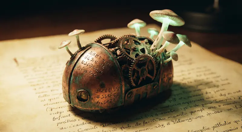 A macro photograph, shot on a Nikon F3 with a 55mm macro lens, of a biological machine from the Codex Seraphinianus. The creature is part-clockwork, part-fungus, with tiny handwritten, unintelligible glyphs etched into its copper casing. It sits on an old, yellowed piece of vellum paper. Soft, side-lit desk lamp lighting with deep shadows.