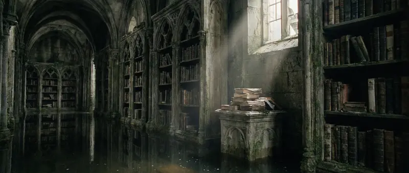 A wide cinematic shot of a decaying, Gothic library in Castle Gormenghast. The floor is covered in a foot of water, reflecting the massive, rotting bookshelves that reach up into the darkness. A single shafts of dusty light illuminates a stack of wet, pulpy books on a stone pedestal. Captured with the heavy grain and desaturated color of late 90s film.