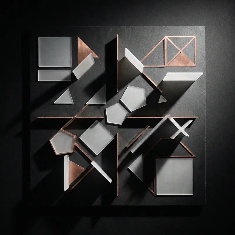 A minimalist, top-down perspective photograph of an architectural model representing Flatland. Geometric shapes made of thin, frosted acrylic and etched copper sit on a perfectly smooth, black slate surface. The shapes are lit by a single, harsh pinpoint of light, casting extremely long, razor-sharp shadows across the landscape. Brutalist, high-contrast aesthetic.